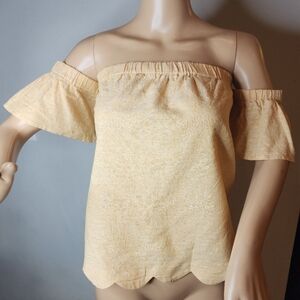 Talori Linen Blend Yellow Off Shoulder Top Short Scallop Hem Size Medium